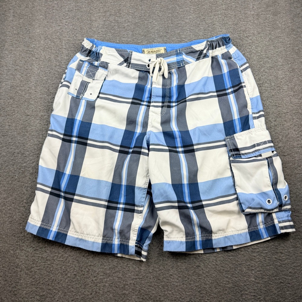 American Rag Men's L Large Blue Plaid Cargo Board Shorts Swim Trunks‎
